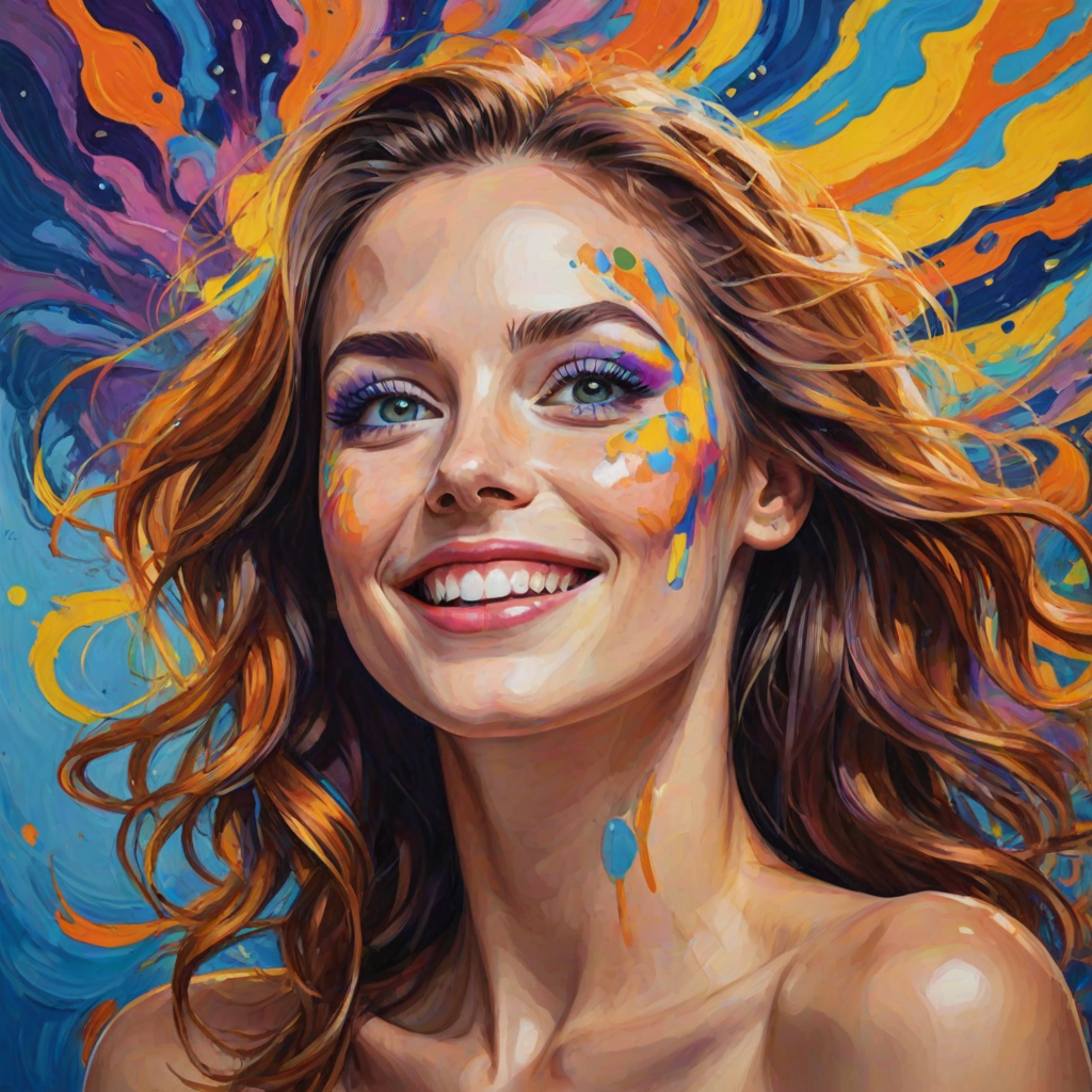 Generate a psychedelic portrait of a woman's happy face with brushstrokes of a woman smiling and looking up at the sky, emphasizing bright and bold colors. The dominant color should be deep blue, with swirling patterns of yellow, green, pink, purple and orange. open blue eyes with long eyelashes, apply an orange-yellow eyeshadow for a mesmerizing effect.
