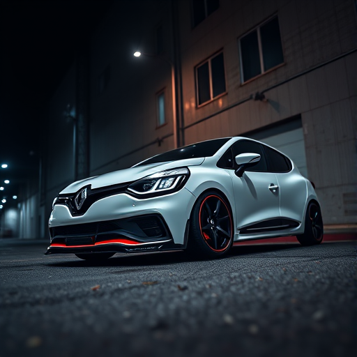 Generate a high-resolution image of a modified white Renault Clio in a dimly lit urban environment with dramatic lighting, using a DSLR camera settings of f/2.8 aperture, ISO 200, and shutter speed of 1/100s, shot from a low-angle perspective with a wide-angle lens to capture the full detail of the car and its surroundings.