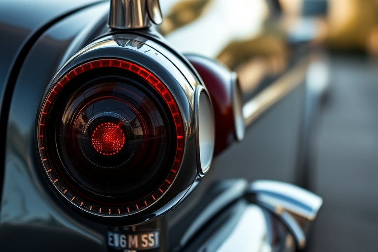 Close-up shot of classic car tail lights with reflections, f-stop 2.8, shutter speed 1/200, ISO 100, 50mm lens, natural lighting, shallow depth of field, DSLR camera.