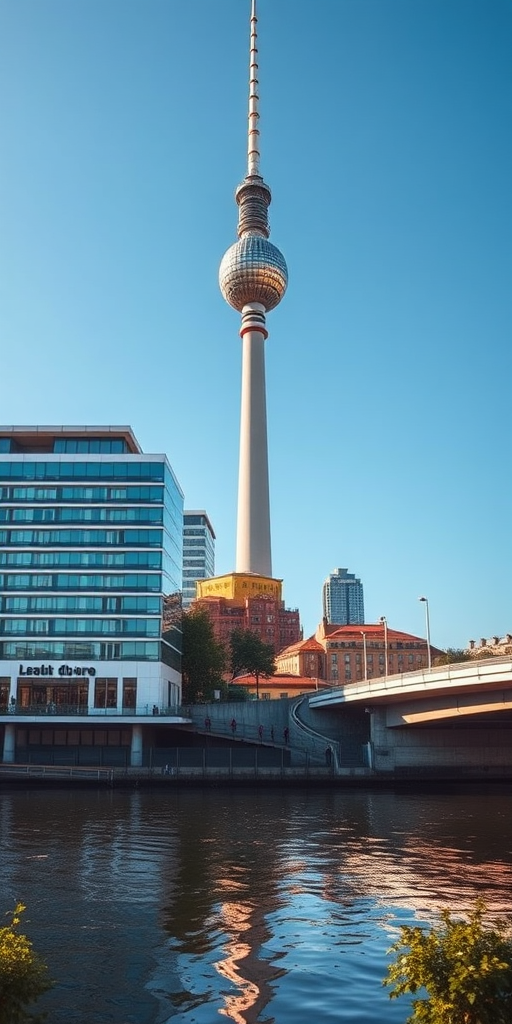Generate a high-resolution image of the Berlin TV Tower beside modern architecture along a river, with a clear blue sky, using a Canon EOS R5 camera, 24mm lens, f/8 aperture, ISO 100, and a low angle view to capture reflections in the water.