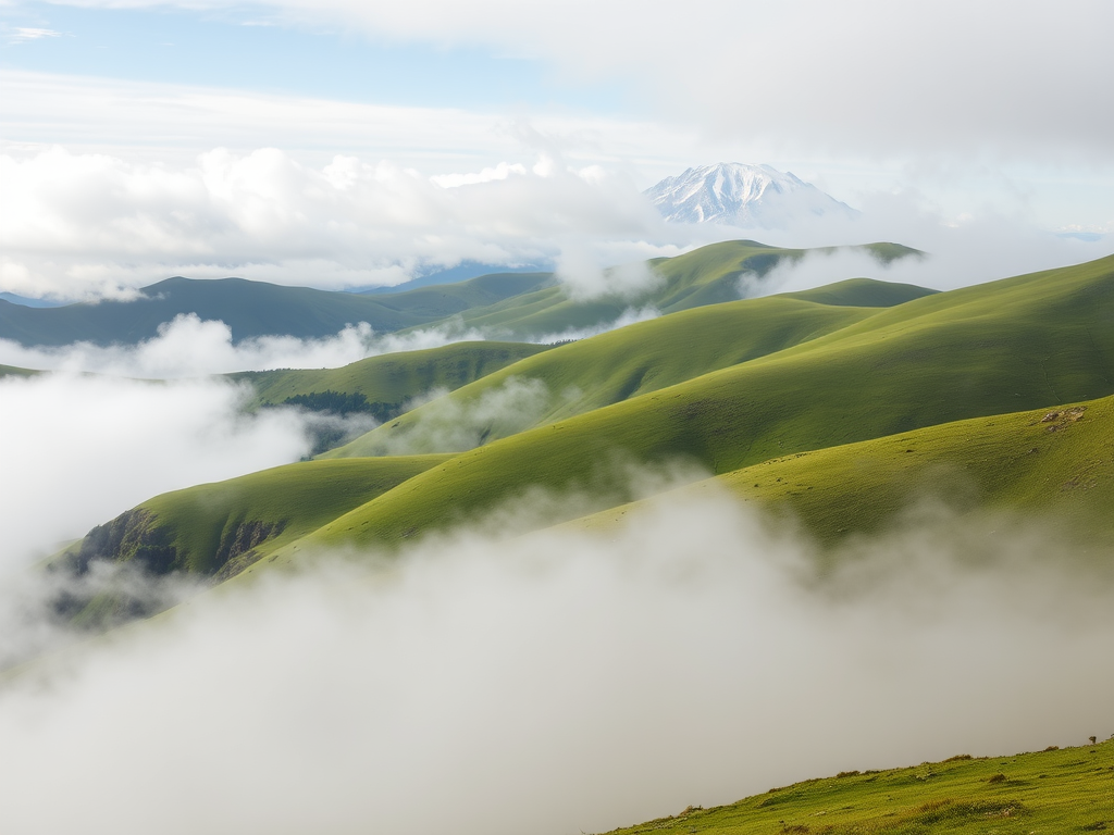 Regenerate a misty mountain landscape with rolling green hills, low-hanging clouds, and a distant snowy peak in soft focus, using a DSLR camera at f/8 aperture, ISO 200, 1/125 shutter speed, shot from a wide-angle perspective to capture the depth of the scene.