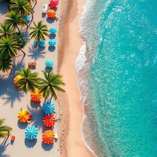 beach scene with colorful umbrellas, crystal clear water, and palm trees, shot with a DSLR camera, aperture f/8, shutter speed 1/250s, ISO 200, aerial view, natural light, vibrant colors, high-resolution