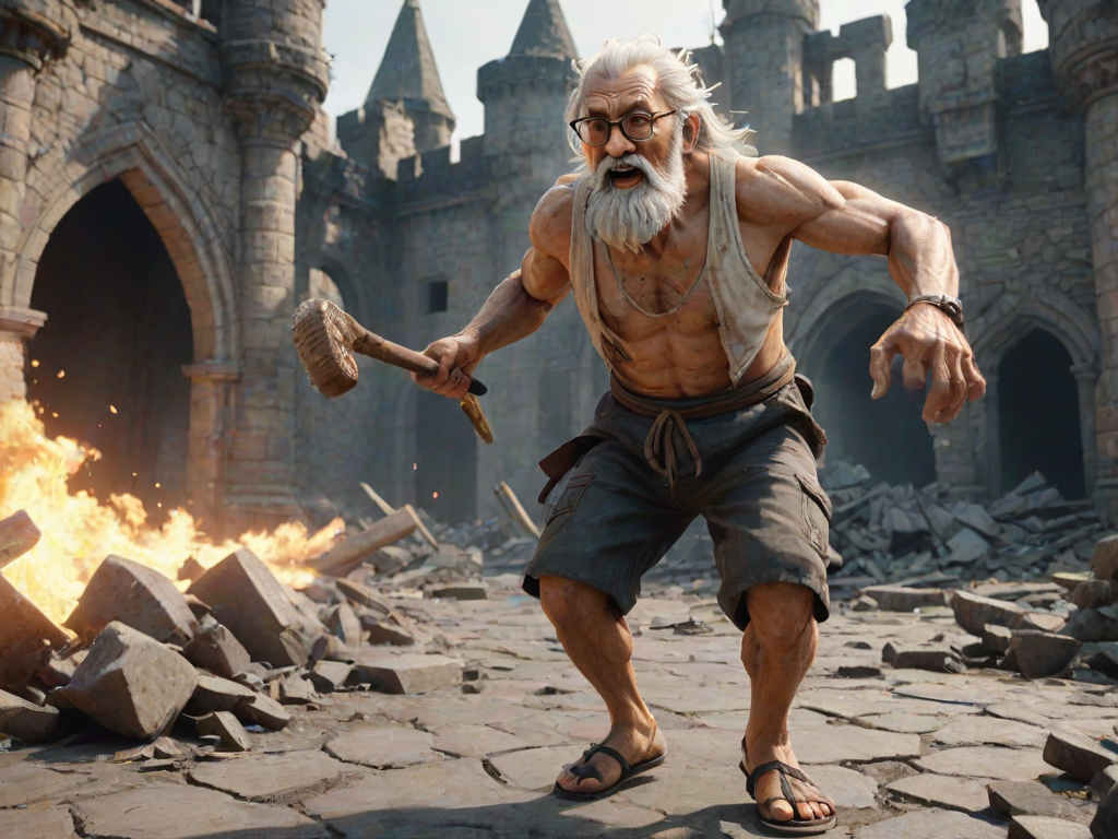 Cartoon 3D High-Resolution,dynamic battle scene using Unreal Engine 5 and Octane Render. The scene features back of an elderly, thai man with a beard,messy hair and round golden-rimmed glasses. He is wearing a tattered tank top with soot marks, shorts, and sandals. sweating. he wields a baseball bat. He jump to fight with a white fire-breathing Europe dragon amidst a partially destroyed stone castle. Include intense flames, smoke, and debris to enhance the dramatic effect.