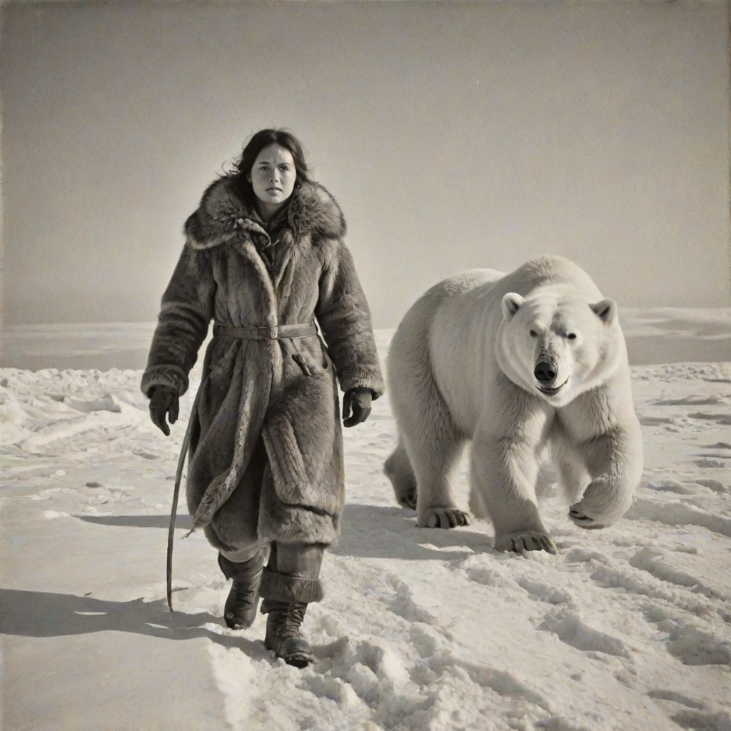 A very old photograph in black and white. The photo is badly damaged, faded, with scratches, tears, smudges and dirt. The photo is ultra-realistic and very detailed. It's a picture of an Arctic warrior. She is walking serenely towards the camera. At her side walks a majestic polar bear. Its fur shines in the sunlight. Snow, ice, sea. wind. snow in the air.