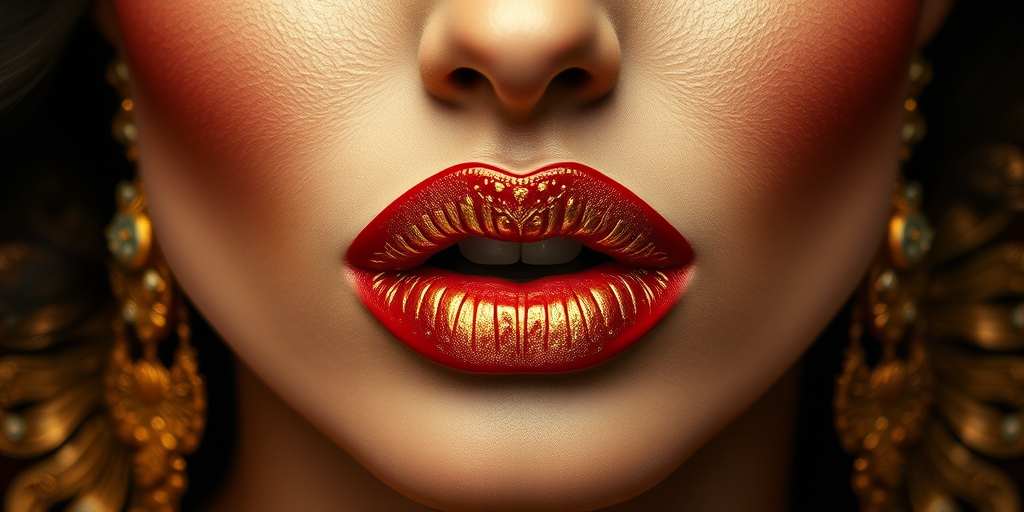 Luxurious woman lips embellished with 24-karat gold leaf accents, full face portrait radiating opulence and regal charm