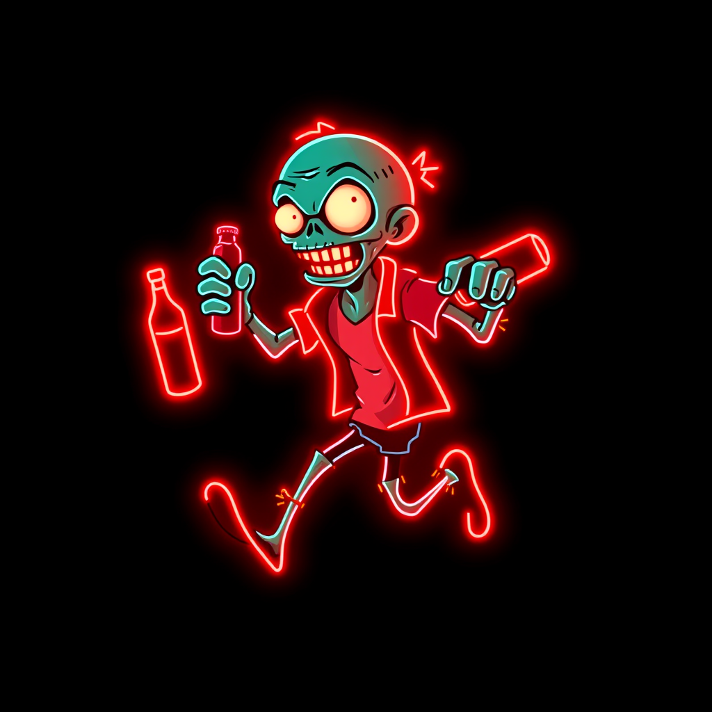 Create an image of a neon sign featuring a cartoon-style zombie in a dynamic pose, holding a bottle. The neon sign should glow in red against a dark background, making the character stand out prominently. The character should appear to be running, capturing attention with its vibrant color and action pose, perfect for advertising or decorative purposes.