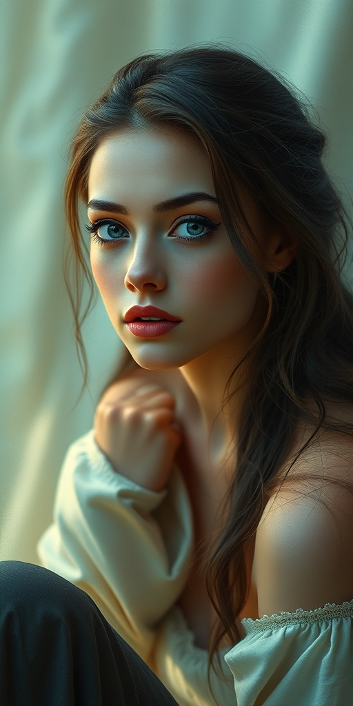 Create a highly detailed digital painting of a serene woman with an enigmatic expression, seated against a soft, blurred background, captured with a canon EOS R5, 50mm lens, f/1.8 aperture, ISO 100, at a 1/125 sec shutter speed, utilizing a soft focus technique for a dreamy effect.