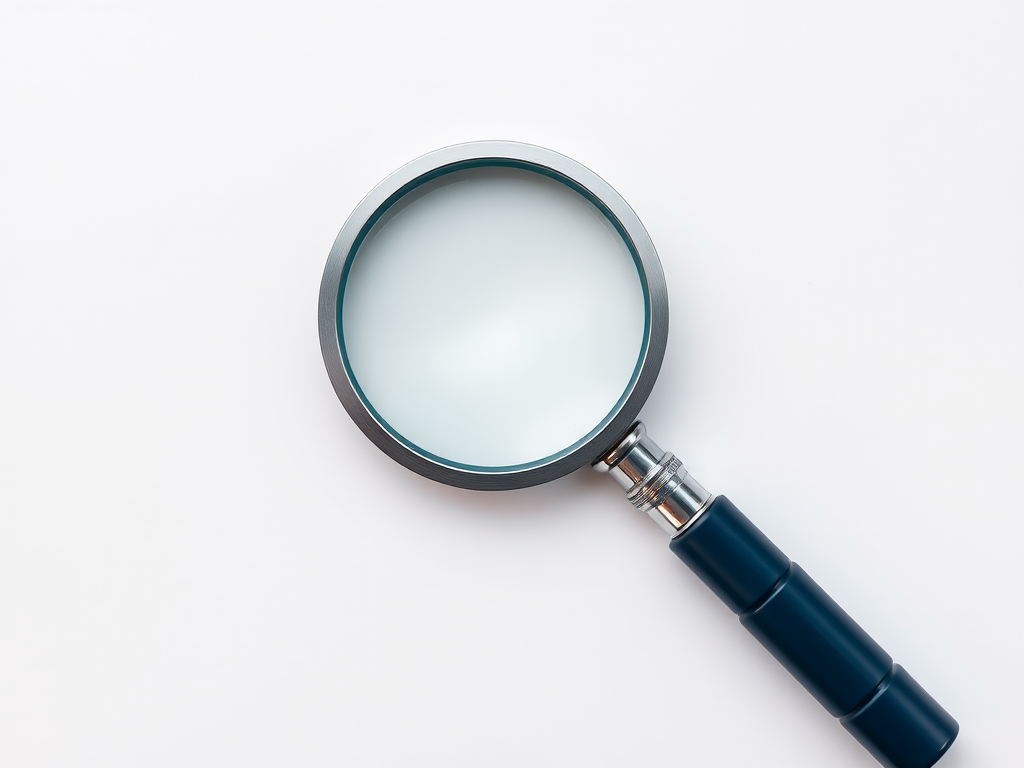 Create a high-resolution image of a magnifying glass with a silver circular frame and a dark blue handle on a plain background, using a DSLR camera with a 50mm lens at f/2.8, ISO 100, and a shutter speed of 1/200s, captured from a top-down view.