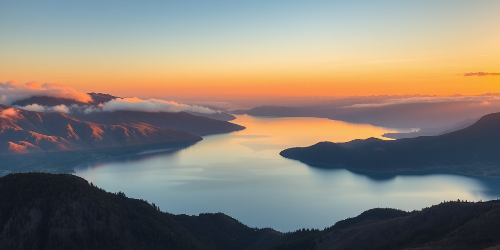 capture a serene landscape of a lake surrounded by mountains during golden hour with soft clouds reflecting on the water using a DSLR camera with a 24mm lens at f/8 aperture, ISO 100, 1/125 sec exposure, in landscape orientation for vibrant colors and sharp details
