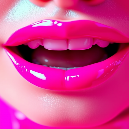 Glossy neon pink lips with a high-shine finish, dubbed "Electric Bubblegum," display a vibrant, attention-grabbing color and ultra-reflective surface