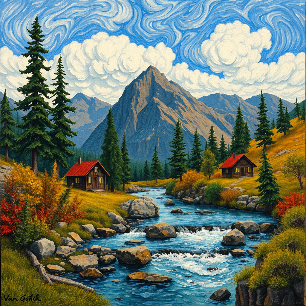 This Van Gogh-inspired painting depicts a peaceful scene of a small cabin located near a flowing river. The scene is surrounded by lush vegetation, including tall trees and rocky terrain. In the background, majestic mountains rise under a sky filled with rolling clouds. The river gently cascades over the rocks, adding a sense of movement and tranquility to the scene. The use of vibrant colors and detailed brushstrokes create a sense of depth and harmony in the natural setting.
