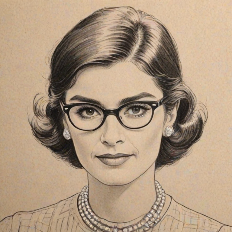 Delightful Coco Chanel, pencil sketch, portrait of Charming woman 1973s in glasses, hair style beatnik, outline, clear lines, fine lines, 8k
