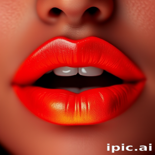 Fiery ombre lips transitioning from deep red to bright orange, mimicking the intense colors of flames with a subtle shimmer throughout