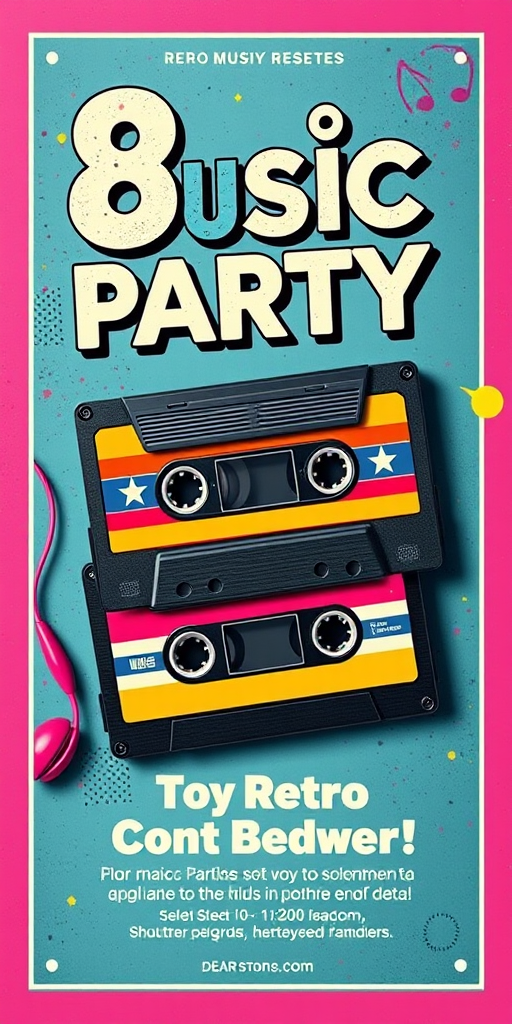 Create an 80s style retro music party poster featuring two vintage cassette tapes with vibrant colors and playful designs, using a DSLR camera with a focal length of 35mm, aperture set to f/8, shutter speed at 1/250s, with a flat lay view and high contrast lighting for enhanced image quality.