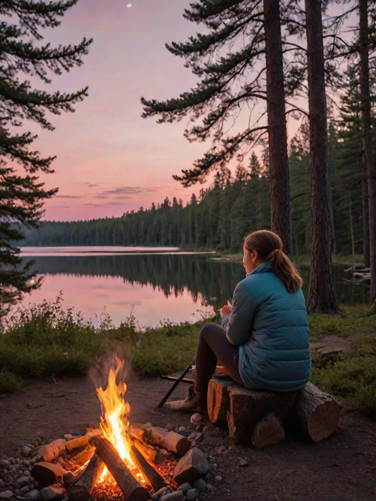Quiet lakeside campsite at dusk, a woman sits by a crackling campfire, roasting marshmallows, as the sun sets behind the treeline, turning the sky a soft pink.