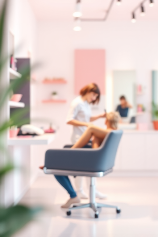Create a digital illustration of a hair salon scene featuring a stylist cutting hair, using a soft focus with a depth of field to highlight their actions, in a minimalist setting with pastel colors, shot with a Canon EOS R5 at f/2.8, ISO 100, 50mm lens for crisp detail and vibrant color accuracy.