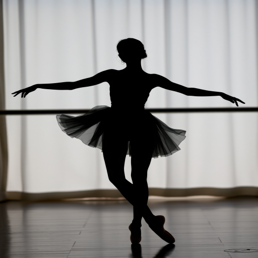 Create a high-resolution silhouette of a ballet dancer in a graceful pose with arms extended, using a DSLR camera with a 50mm lens, aperture f/2.8, ISO 100, shutter speed 1/200s, shot from a low angle with a soft focus background for dramatic effect.