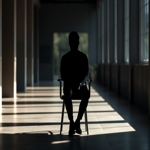 Regenerate a high-resolution image of a black silhouette of a person sitting on a chair, using a Canon EOS R5, 50mm lens, f/1.4 aperture, ISO 100, natural lighting, shot from a front view, focus on the subject with a blurred background for depth.