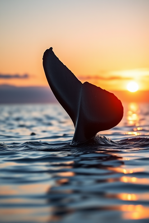 Capture a close-up of a humpback whale's tail fin breaking the surface of calm water during sunrise, using a Canon EOS R5, 70-200mm lens, f/4 aperture, 1/1000s shutter speed, ISO 400, and a shallow depth of field for enhanced detail and clarity.