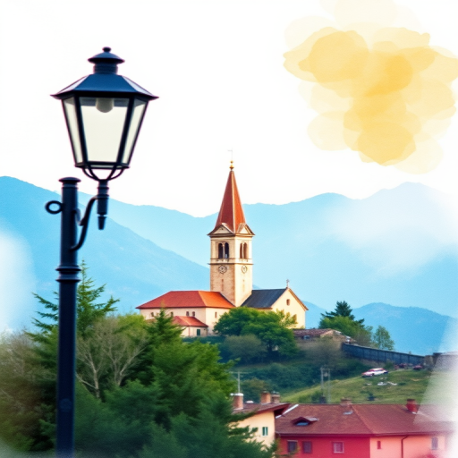Create a watercolor-style painting of a scenic view featuring a street lamp in the foreground and a church tower surrounded by mountains in the background, using a DSLR camera with a 50mm lens, f/2.8 aperture, ISO 100, and a soft focus effect to enhance image quality.