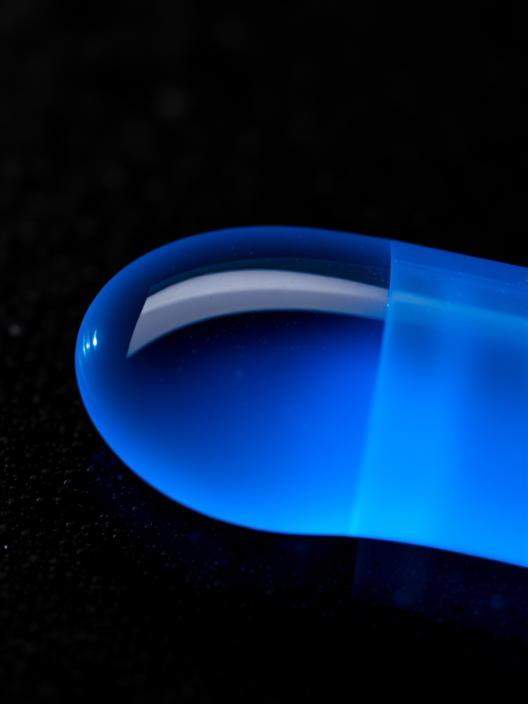 A close-up shot of a translucent blue object on a textured black background, taken with a macro lens, ISO 100, aperture f/2.8, shutter speed 1/200 sec, natural lighting, using a DSLR camera for high detail and clarity.