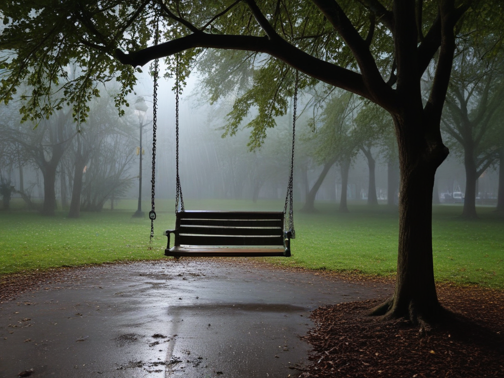 a normal park swing dark outside and raining
