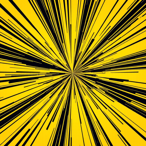 create a dynamic explosion effect featuring black sharp lines radiating from a central point on a vibrant yellow background, use a DSLR camera, set aperture to f/8, ISO 100, shutter speed 1/200s, capture in wide-angle lens style for enhanced depth and clarity