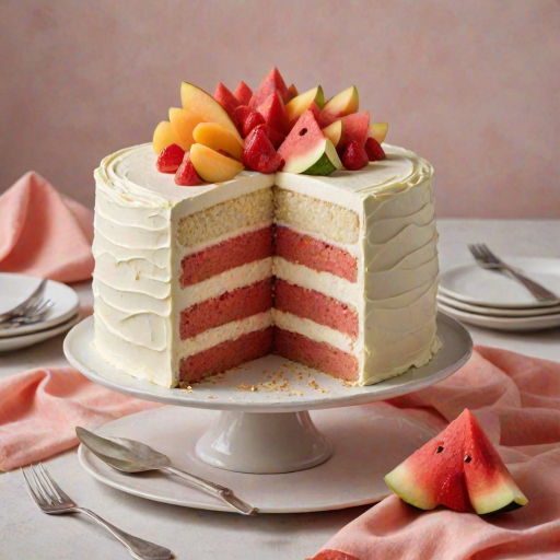 Create an image of a three-layered cake with a smooth cream frosting. The cake should have peach slices and small pieces of watermelon on top for decoration. Include a slice of the cake on a small plate beside it, showing the layers inside. The background should be softly lit with a hint of fabric draped nearby.