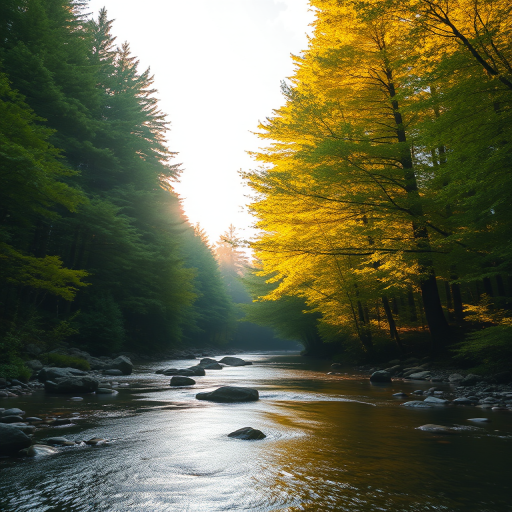 Create an image of a serene, sunlit forest scene with a clear, gently flowing river. Tall trees with lush green foliage line both sides of the river, their leaves bathed in the warm golden light of the setting or rising sun. The sunlight filters through the trees, casting soft, dappled light on the river, which flows over smooth rocks and pebbles, creating a peaceful, natural atmosphere. The sky is bright with a few scattered clouds, and the overall mood is tranquil, evoking a deep sense of connection with nature. The image captures the beauty of a calm, pristine forest landscape at either dawn or dusk.