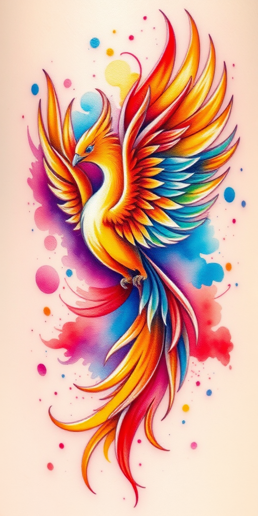 Vibrant watercolor tattoo called "Rainbow Splash" featuring a majestic phoenix rising from swirling hues of red orange and yellow blending seamlessly into cool blues and purples with intricate feather details and subtle white highlights