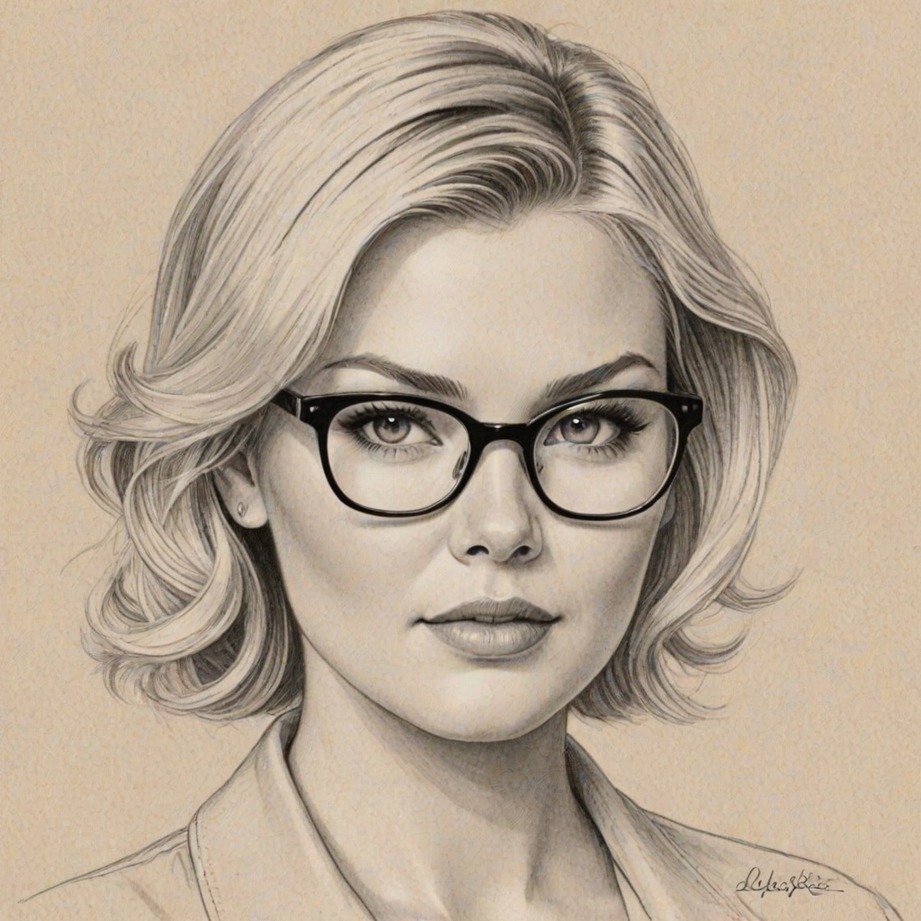 Dazzling Elisha Cuthbert, pencil sketch, portrait of Elegant woman 1951s in glasses, hair style beatnik, outline, clear lines, fine lines, 8k