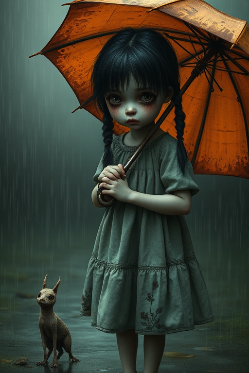 An eerie, weird little girl with dark hair in thin pigtails, wearing a smock dress, standing in the rain, holding a dirty orange umbrella, a small, odd creature beside her. In a surreal style inspired by Nicoletta Ceccoli and Brian Froud. Dark fantasy themes