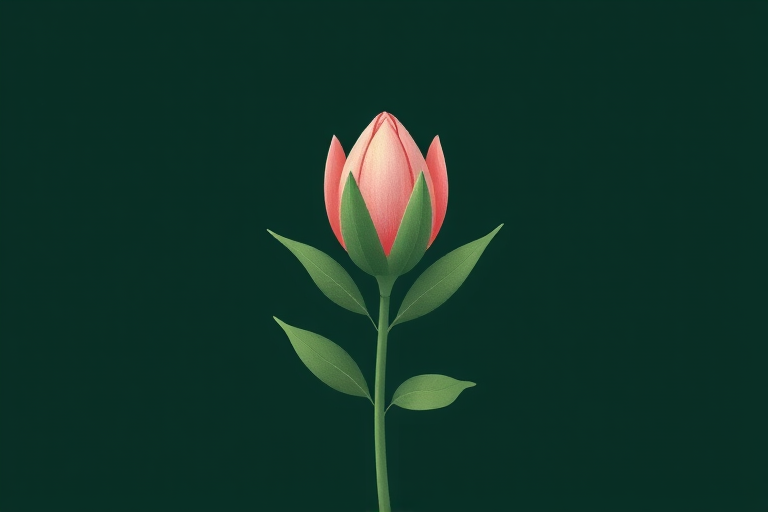 Generate a high-resolution image of a minimalist botanical illustration featuring a stylized flower bud with leaves on a dark green background, using a DSLR camera with a 50mm lens, aperture set to f/1.8, ISO 100, and a shallow depth of field for a soft background effect.