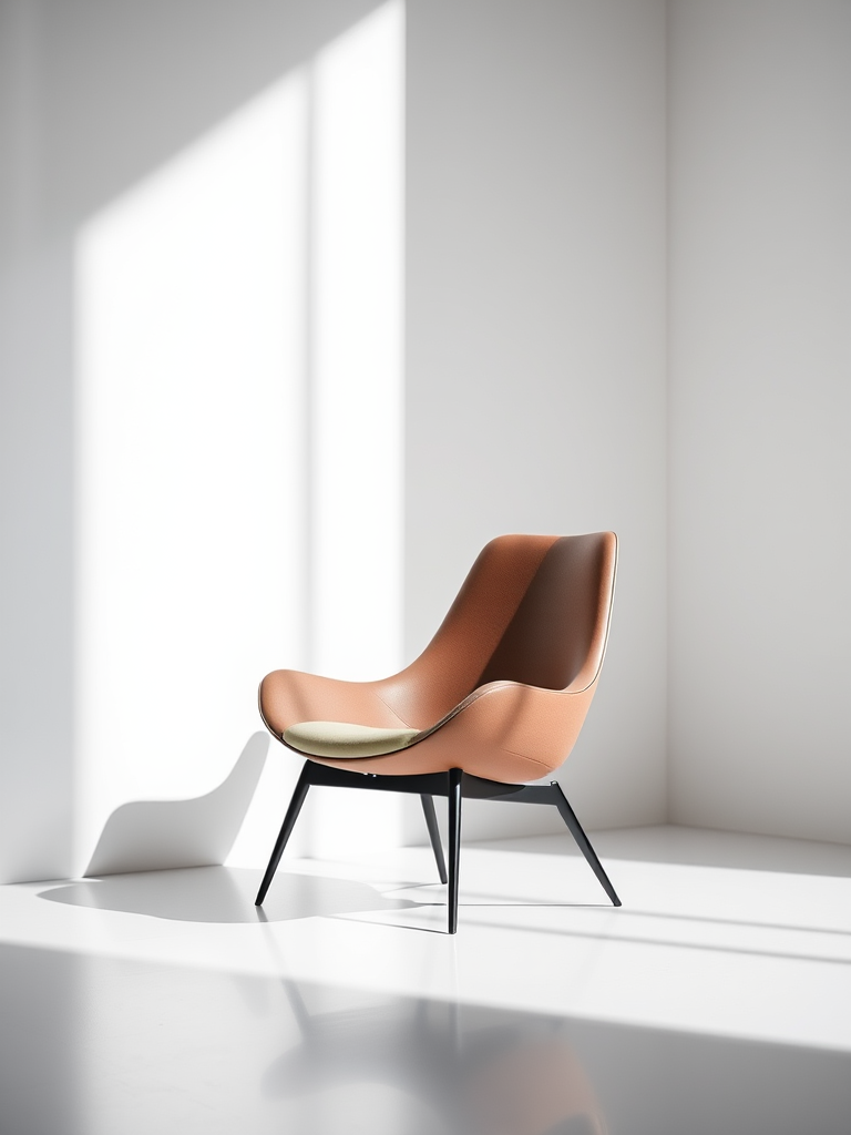 Generate a high-resolution image of a sleek modern chair in a minimalist room setting, using a DSLR camera with a 50mm lens, aperture set to f/1.8, ISO 200, shutter speed 1/125, taken from a low angle to emphasize the chair's design and surrounding space.