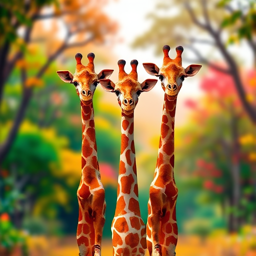 Create a vibrant digital illustration of three stylized giraffes in a colorful forest setting, high resolution, soft focus background, shot with a digital SLR camera at f/2.8, ISO 100, 50mm lens, vibrant color palette, warm lighting, symmetrical composition.