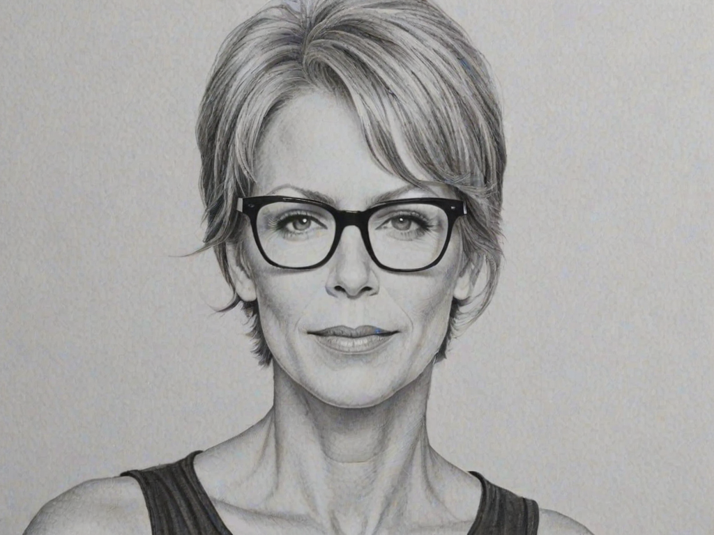 Lovely Jamie Lee Curtis, pencil sketch, portrait of Radiant woman 1971s in glasses, hair style beatnik, outline, clear lines, fine lines, 8k