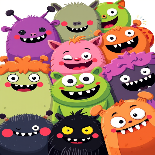 Create a vibrant illustration of cartoon monsters in a grid layout, with playful expressions and diverse colors including purple, green, pink, orange, and black, captured using a Canon EOS R5 at f/5.6, ISO 100, 24mm lens, overhead view for a clear and crisp appearance, with bright lighting for enhanced colors and sharp details.