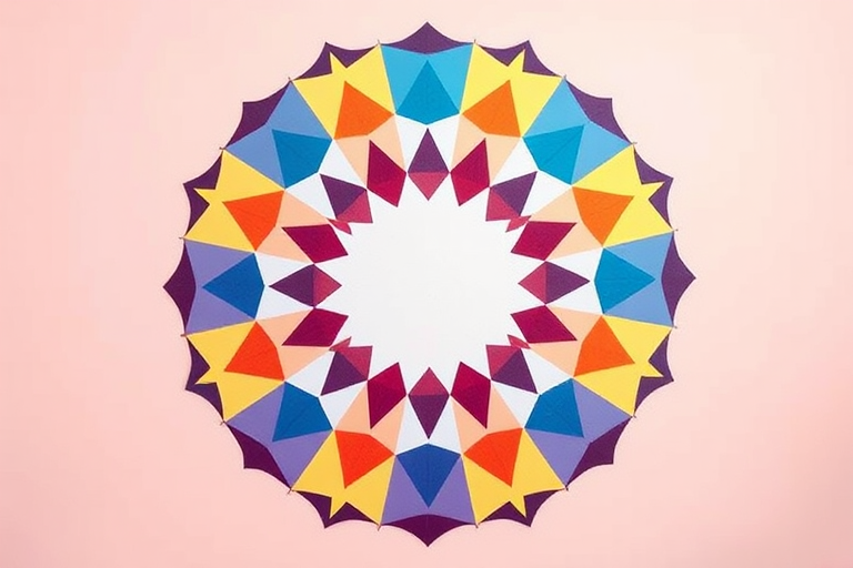 Create a vibrant geometric mandala with an array of colorful triangles radiating from a central white circle against a soft pastel background, shot with a DSLR camera at f/8 aperture, ISO 100, 50mm lens, using a flat lay style for high detail and clarity.