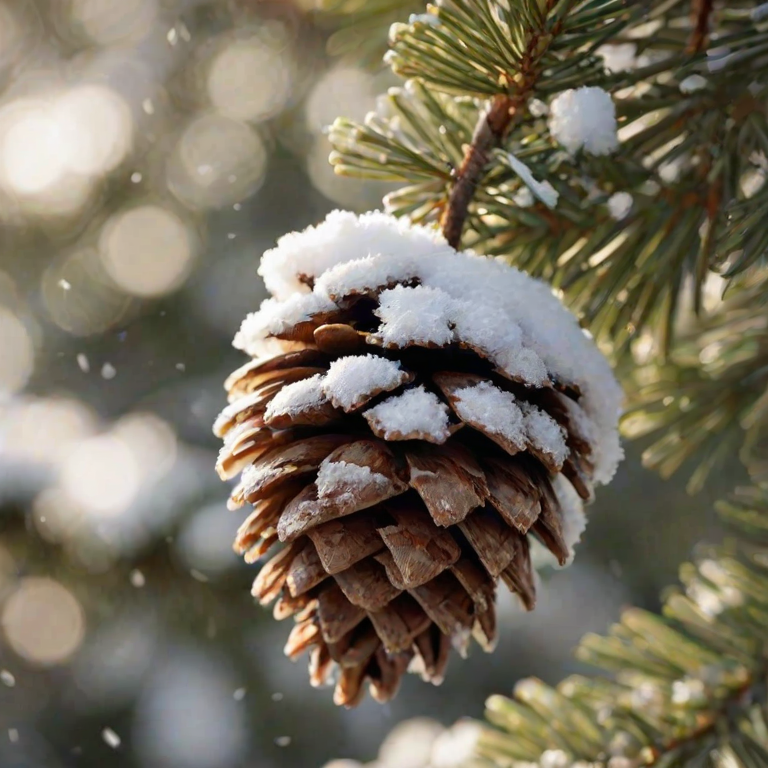 Sharp, high-resolution close-up of a snow-covered pinecone resting on a branch, soft sunlight filtering through the trees, tiny snowflakes sparkling in the light, and the crisp, cold air of winter.