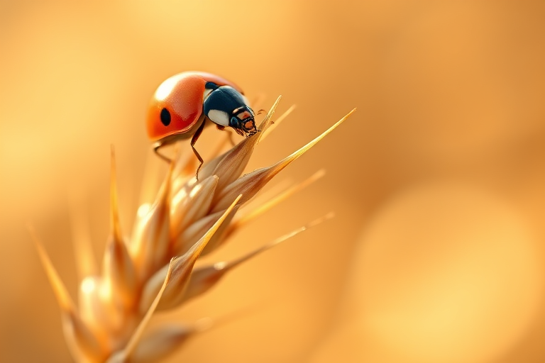 A close-up of a ladybug perched on a wheat stalk, surrounded by a soft, dreamy bokeh background with warm earthy tones, captured with a DSLR camera at f/2.8 aperture, ISO 100, 50mm lens, maintaining a shallow depth of field for a crisp subject focus and smooth background blur.