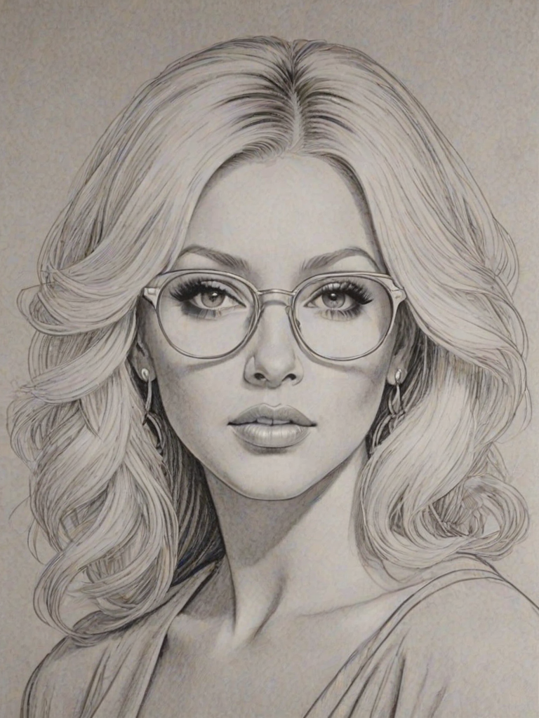 Magnificent Christina Aguilera, pencil sketch, portrait of Pleasing woman 1965s in glasses, hair style beatnik, outline, clear lines, fine lines, 8k