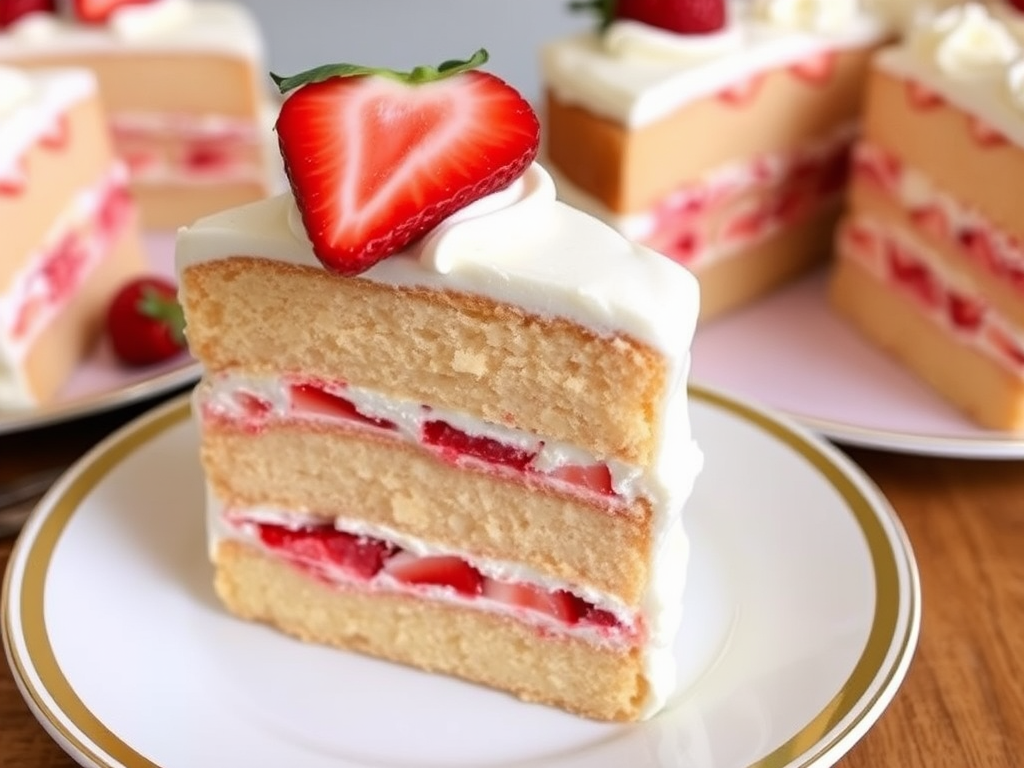 A delicious layered strawberry cake with whipped cream frosting topped with a fresh strawberry slice served on a white plate with a golden rim, with additional cake slices in the background.