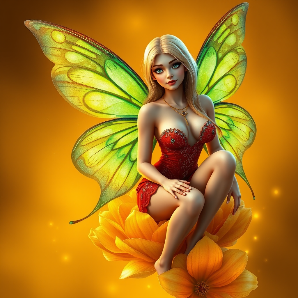 A digital artwork features a winged fairy with delicate Chartreuse butterfly wings, adorned with intricate Pistachio andEmerald patterns. She is seated on a vibrant Electric flower, wearing a revealing red two-piece outfit with sparkling beadwork. Her fair skin, long blonde hair, and gold jewelry add to her ethereal appearance. The background is a warm, golden gradient, creating a magical atmosphere. Small glowing orbs and sparkles surround the flower, enhancing the enchanting, highly detailed, and realistic scene.