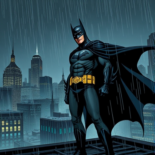 illustration, absurdres,  masterpiece, 1boy, jim lee ,batman, standing, night, city, male focus,serious, on roof,cape,black armor, serious, cowboy shot, heavy downpour, floating cape