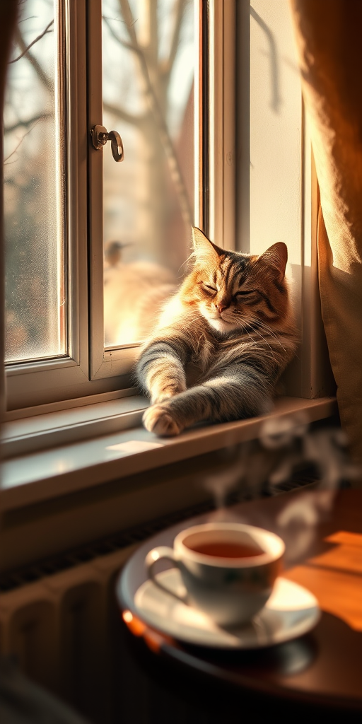 Warm, softly lit image of a cat lounging on a windowsill in the late afternoon sun, eyes half-closed, soft shadows of tree branches dancing on the floor, a cup of tea steaming on the table nearby, the distant sound of birds chirping outside the window.
