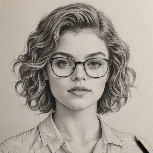 Superb Camren Bicondova, pencil sketch, portrait of Ravishing woman 1955s in glasses, hair style beatnik, outline, clear lines, fine lines, 8k