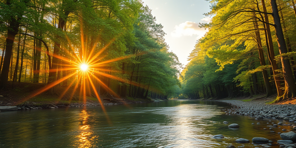 Create an image of a serene, sunlit forest scene with a clear, gently flowing river. Tall trees with lush green foliage line both sides of the river, their leaves bathed in the warm golden light of the setting or rising sun. The sunlight filters through the trees, casting soft, dappled light on the river, which flows over smooth rocks and pebbles, creating a peaceful, natural atmosphere. The sky is bright with a few scattered clouds, and the overall mood is tranquil, evoking a deep sense of connection with nature. The image captures the beauty of a calm, pristine forest landscape at either dawn or dusk.