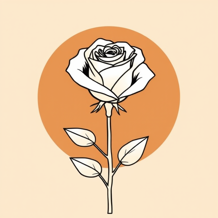 Create a minimalistic line art illustration of a rose on a beige background with a large brown oval shape behind it, use a Canon EOS R5, 50mm f/1.8 lens, aperture f/2.8, ISO 100, shot from a straight-on perspective in natural light for enhanced clarity and contrast.