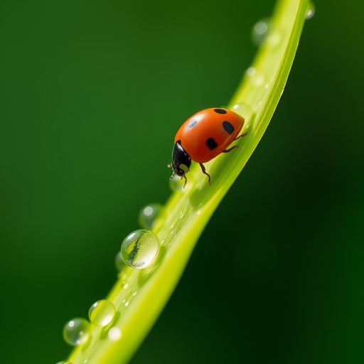 High-resolution close-up of a ladybug crawling across the edge of a bright green leaf, tiny dew droplets clinging to the leaf's surface, with soft morning light creating a peaceful atmosphere.