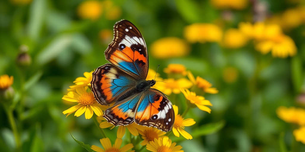 Generate an image of a butterfly resting on vibrant yellow flowers in a lush green garden. The butterfly should have striking blue and orange patterns on its wings, surrounded by a soft, blurred background of greenery. The scene should evoke a sense of tranquility and the beauty of nature.